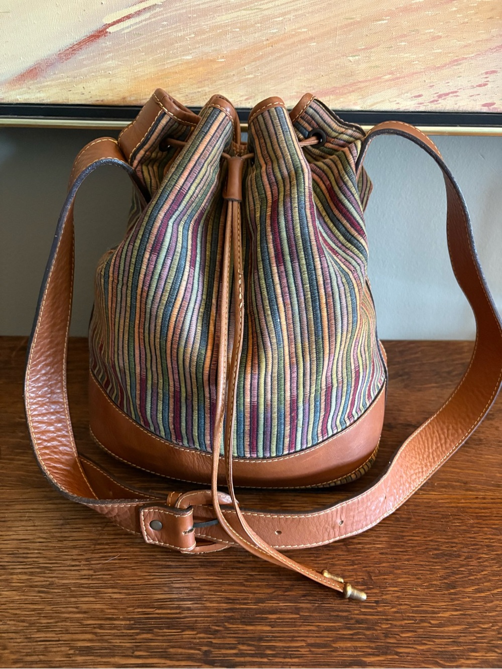 Vintage Bally Italy Multicolor Stripe Leather Drawstring Bucket Bag